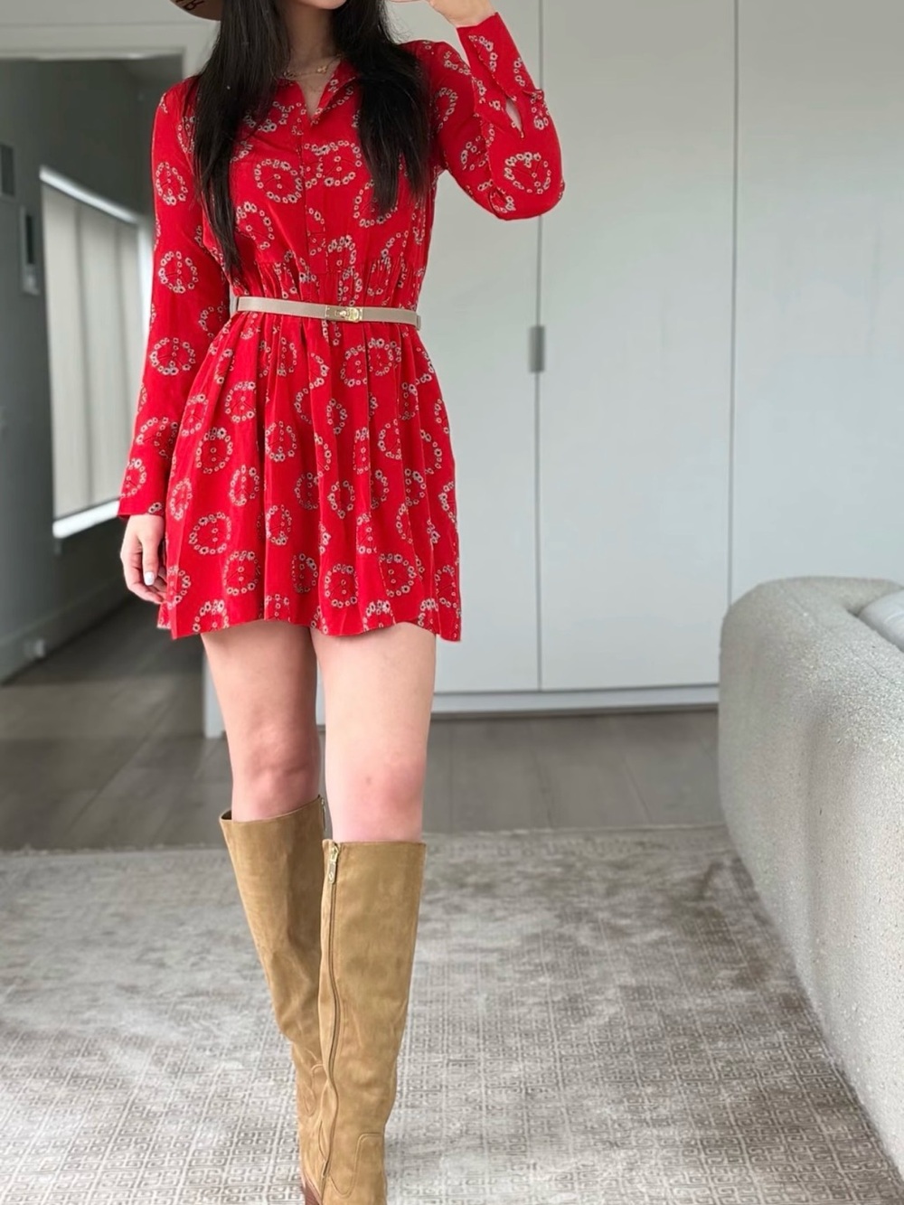 Sandro Silk Red Floral Circle Print Long-Sleeve Tiered Dress